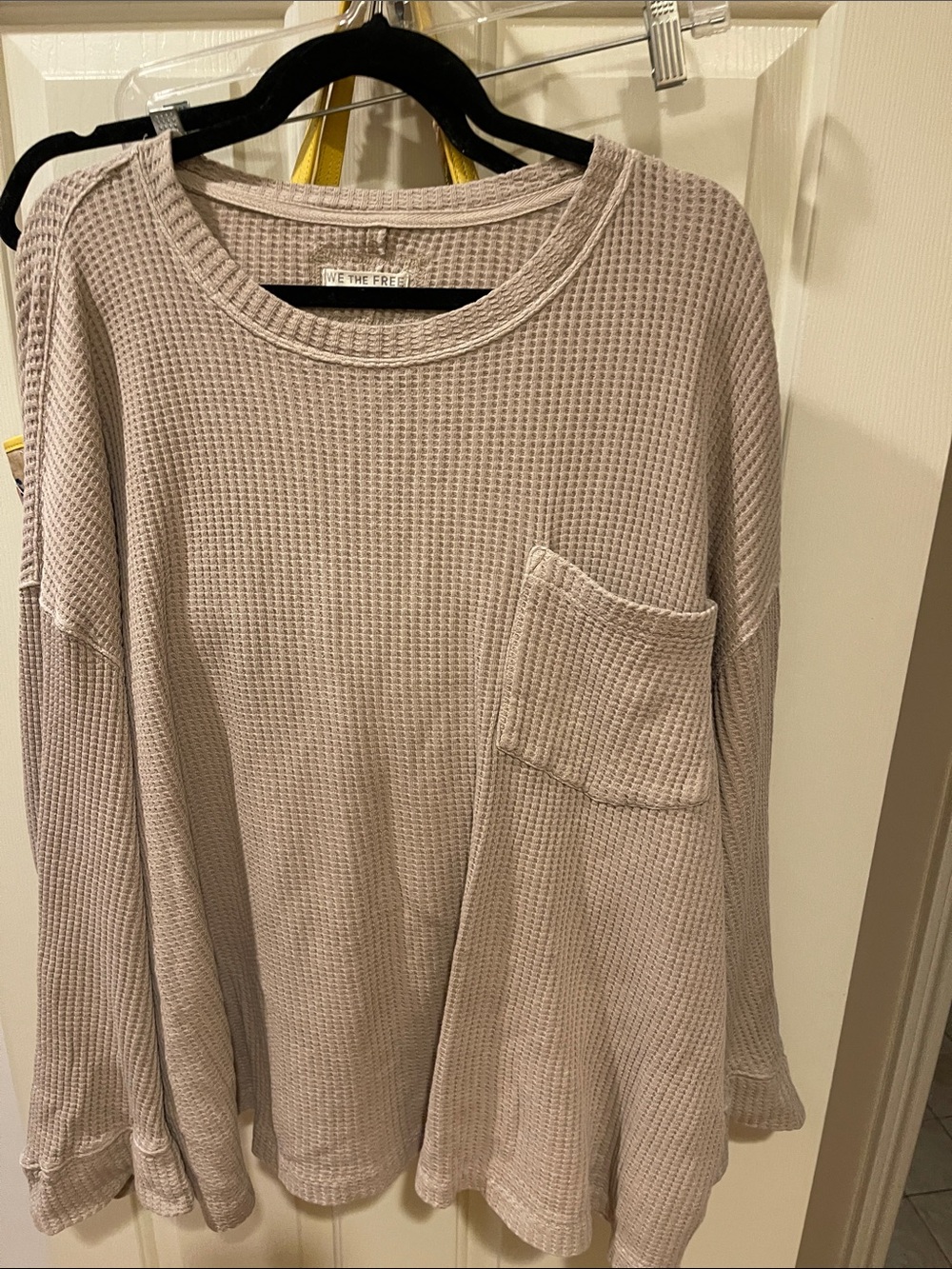 Oversized We The Free Light Taupe Waffle-Knit Crewneck Sweater with Pocket